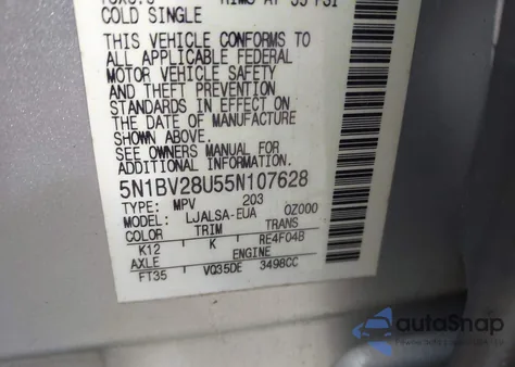 2005 Nissan Quest 3.5 z USA, uszkodzony, nr VIN 5N1BV28U55N107628